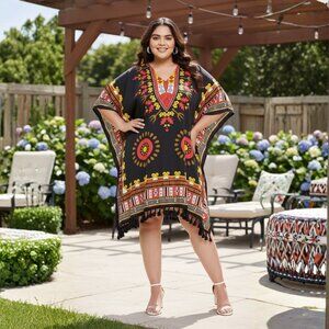 Dashiki Printed Black Polyester Short Caftan Tunic Dress for Women by Gypsie Blu